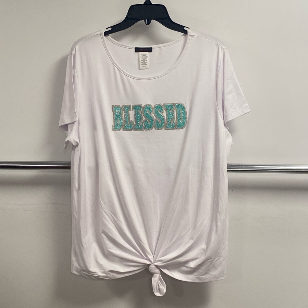 Short sleeve tie front BLESSED rhinestone top